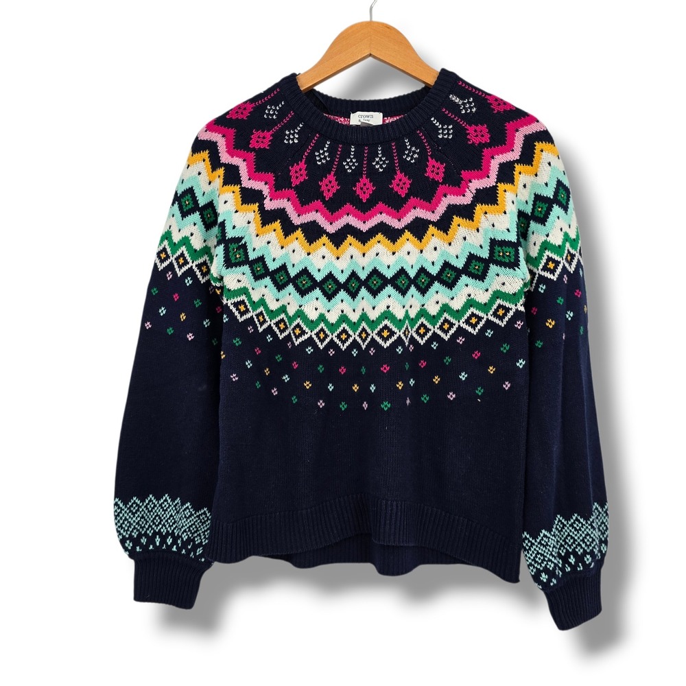 Crown &‎ Ivy Women Petite Small Navy Blue Fair Isle Geometric Knit Sweater PS